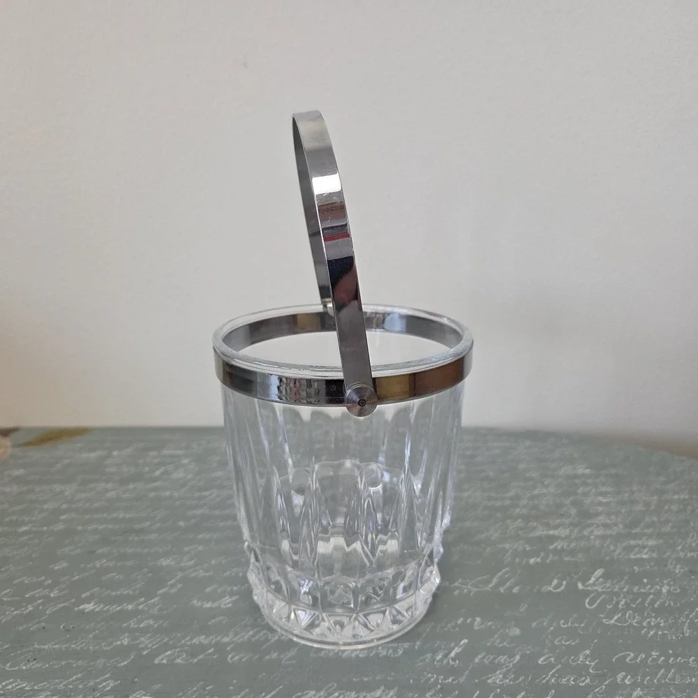 Vintage French Crystal‎ D'Arques Glass Ice Bucket Clear Chrome Handle 5